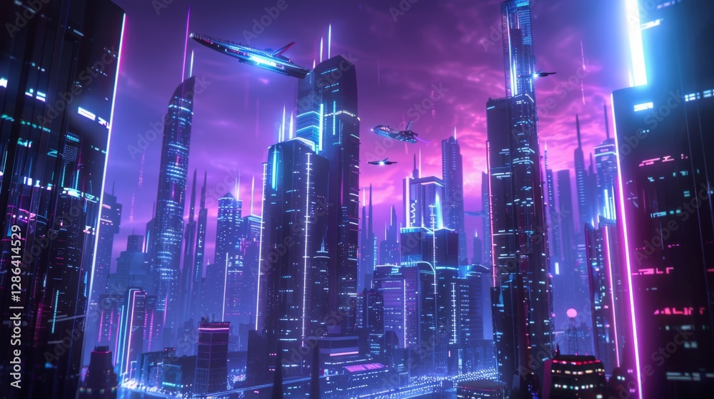 custom made wallpaper toronto digitalFuturistic cityscape with ultra-modern skyscrapers, glowing neon lights  flying vehicles, clean and sleek design, high-tech and vibrant atmosphere