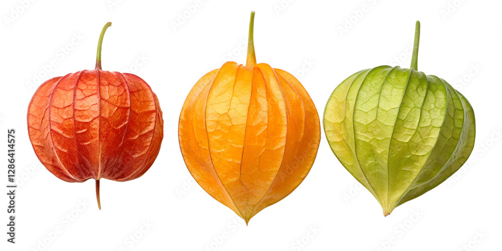Fototapeta premium Physalis Fruits in Three Colorful Styles for Fresh and Vibrant Display, PNG Transparent