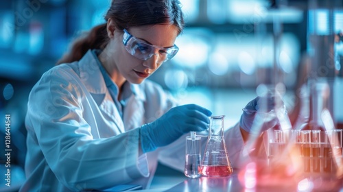 Woman in a lab coat is working with a beaker of pink liquid