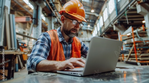 Man in an orange safety vest is working on a laptop in a factory