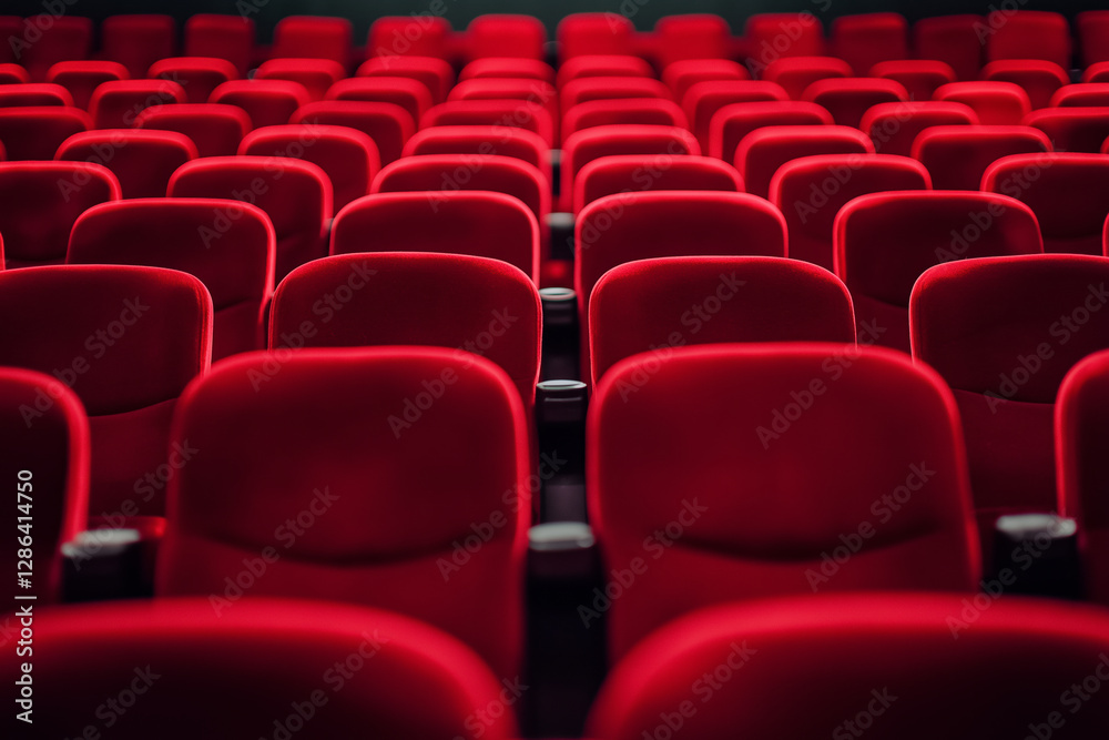 Rows of red seats in an empty movie theater auditorium create an inviting atmosphere for film enthusiasts Rows of red seats in an empty movie theater auditorium create an inviting atmosphere for film enthusiasts