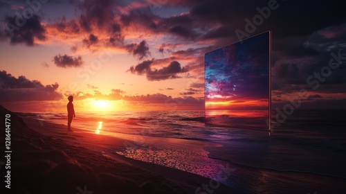 A solitary figure gazes at a surreal sunset reflected in a floating screen over the ocean