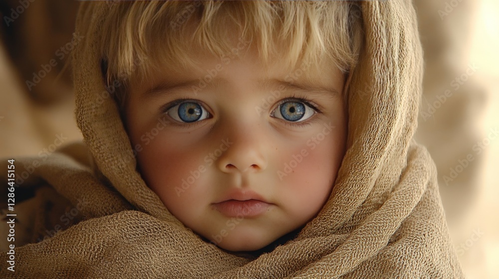 Innocent blue eyed child wrapped in warm beige shawl gazing intensely with soft natural light emphasizing delicate facial features conveying vulnerability nostalgia and deep emotion Innocent blue eyed child wrapped in warm beige shawl gazing intensely with soft natural light emphasizing delicate facial features conveying vulnerability nostalgia and deep emotion