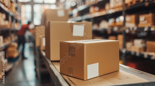 Man is working in a warehouse with boxes stacked on a conveyor belt