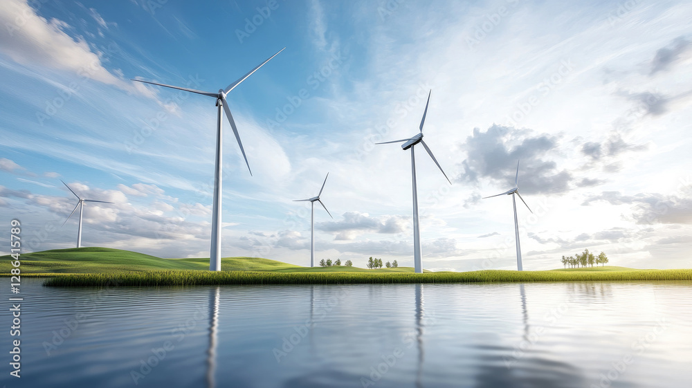 Wind turbines on serene lake with bright sky Wind turbines on serene lake with bright sky