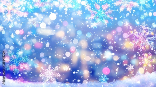 Winter Holiday Snowflake Background with Bokeh Lights and Falling Snow