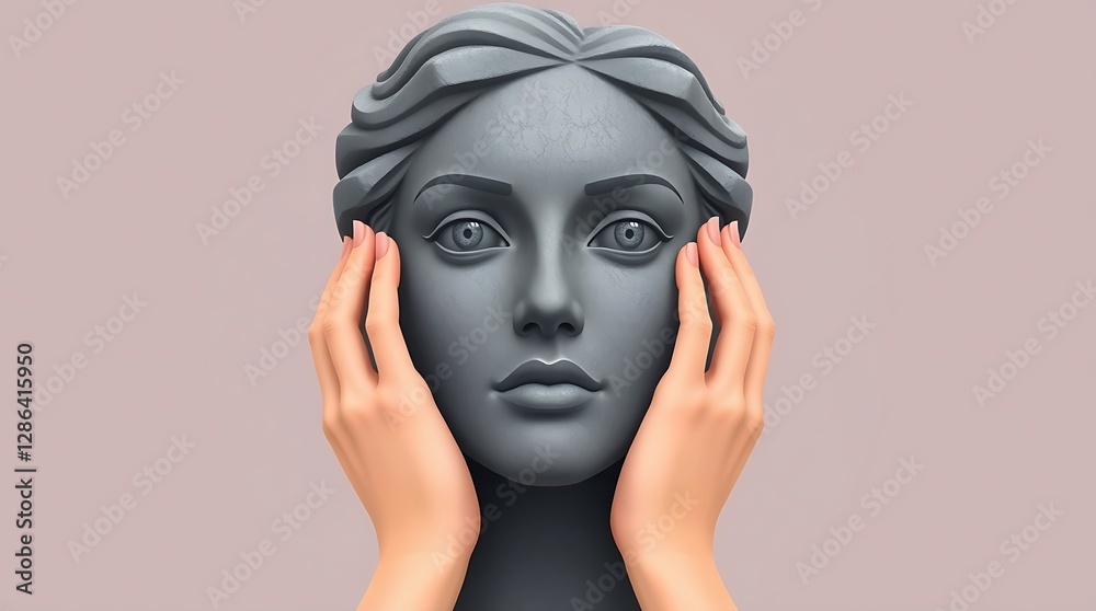 Stone Woman Face Touching Skin on Light Background for Spa Concept Stone Woman Face Touching Skin on Light Background for Spa Concept