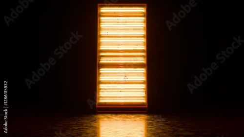 A vertical panel of neon lights flashing in a seamless loop on a reflective surface against a black background with space for titles, text or logos.

