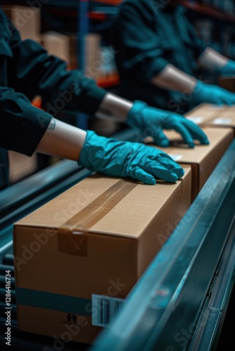 Person is wearing gloves and touching a box on a conveyor belt