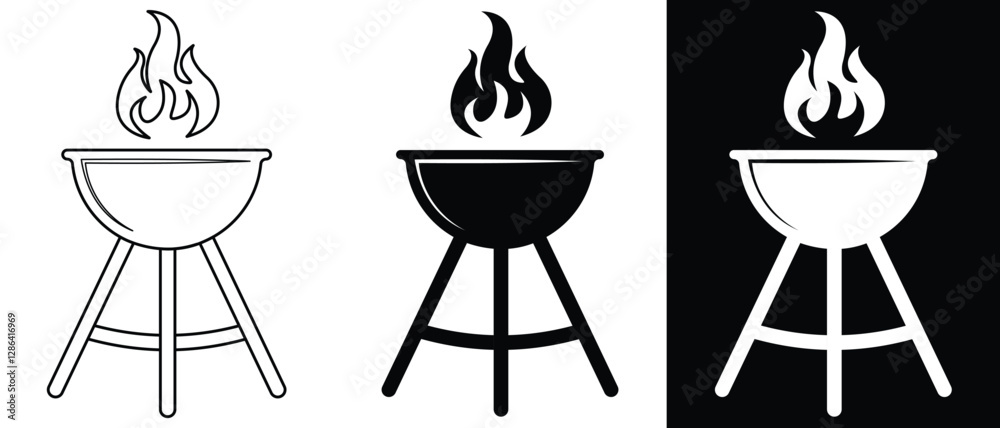 Fototapeta premium Grill icon.grill barbecue cook flame icon. BBQ with flame icon, Grill sign meat and food icon, Barbeque symbol. BBQ with lattice. Barbecue with cover and smoke. Black silhouette BBQ grill. 