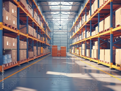 Large warehouse with many boxes on the shelves