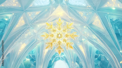 Winter Snowflake Background: Golden Design with Icy Blue Texture