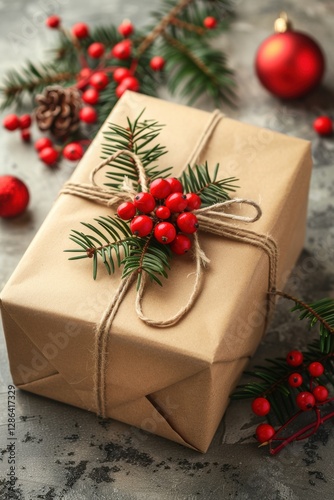 Brown box with red berries on it is sitting on a table