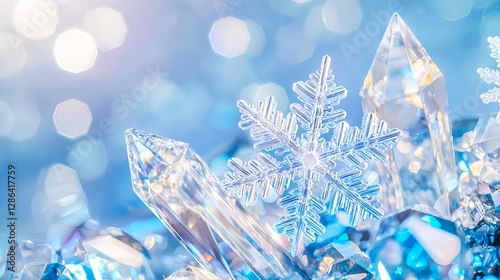 Winter Snowflake Background with Crystal Elements and Bokeh Lights. Festive Holiday Season.
