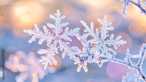 Winter Snowflake Macro: Frozen Crystal on Branch, Seasonal Background