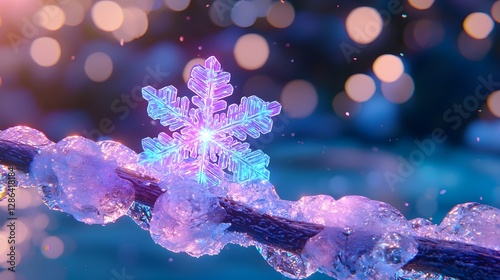 Winter Snowflake Ornament on Icy Branch with Holiday Bokeh Lights
