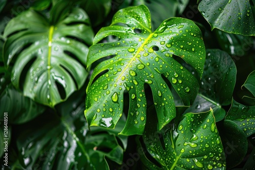 Detailed Visual  of Wet Monstera Deliciosa Plant Leaves in a Garden photo
