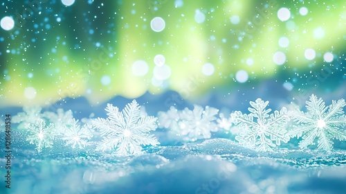 Winter Snowflakes Background with Bokeh Lights and Aurora Borealis Sky
