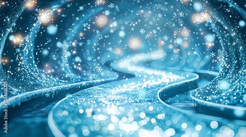 Winter Wonderland Abstract: Festive Snowflakes Background with Bokeh Lights and Icy River.