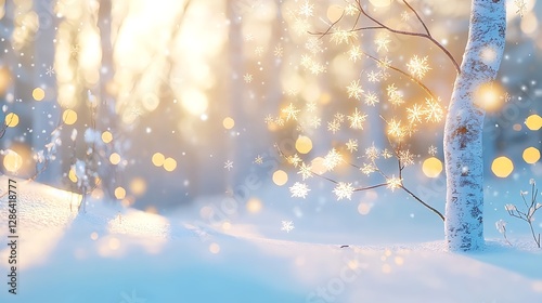 Winter Wonderland Background: Snowy Forest Scene with Bokeh Lights and Snowflakes