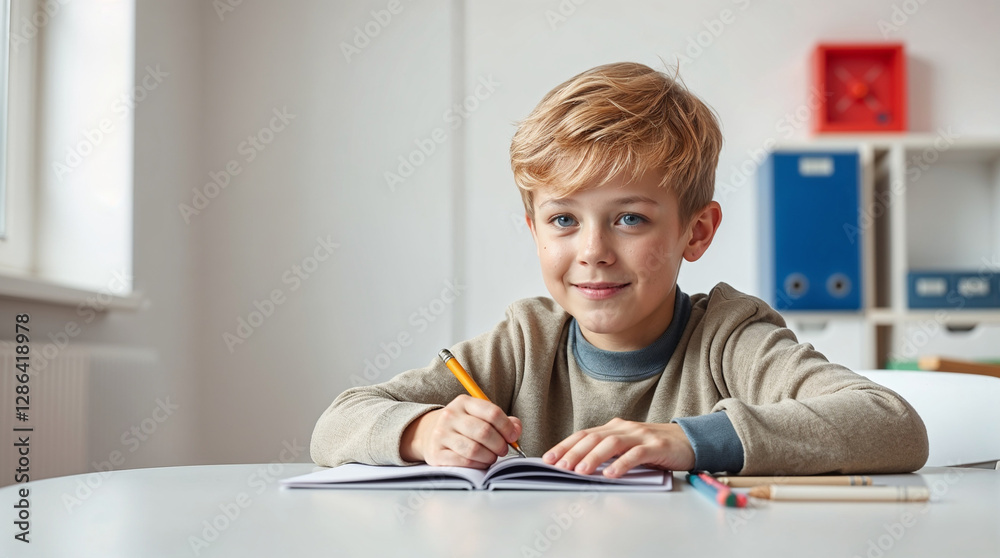 schoolboy doing homework at table in room schoolboy doing homework at table in room