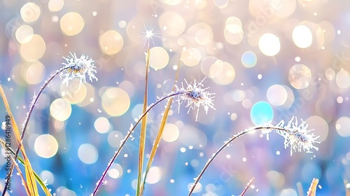 Winter Wonderland: Frozen Grass with Bokeh Lights Background for Christmas Season