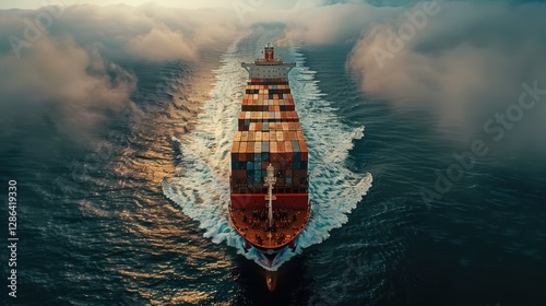 The ship is surrounded by a lot of water and the sky is cloudy