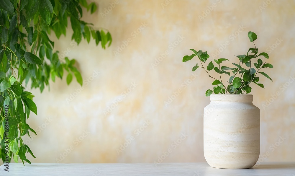 Beige vase with greenery against a wall Beige vase with greenery against a wall