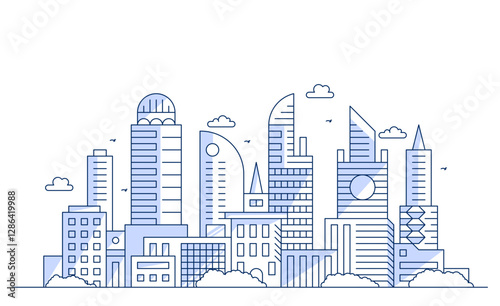 City landscape with buildings. Towers and buildings in modern flat style. Outline graphic. Line urban backdrop.Line modern urban big city panorama. Outline stroke cityscape skyscrapers illustration.