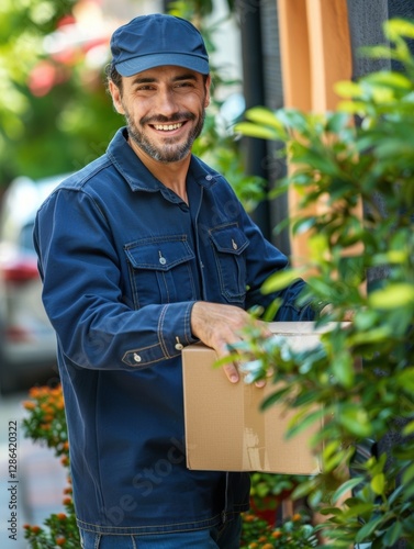 Smiling man wearing a blue jacket and hat is holding a brown cardboard box