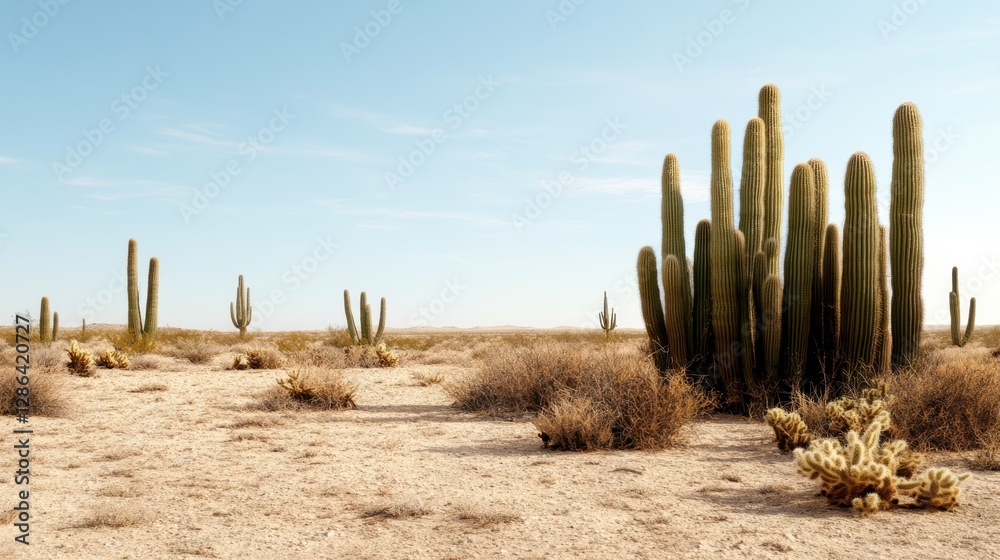 A serene desert landscape features tall cacti standing amidst the arid terrain, highlighting the resilience of nature under a clear blue sky. A serene desert landscape features tall cacti standing amidst the arid terrain, highlighting the resilience of nature under a clear blue sky.