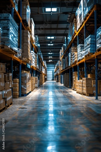 Warehouse with a long aisle of boxes and pallets