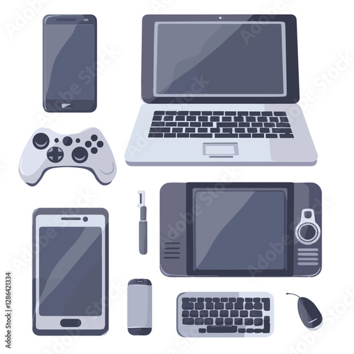 gadget, device, technology, background, modern, digital, vector, 3d, illustration, phone, electronic, mobile, headphones, wireless, equipment, headphone, headset, computer, design, object, hardware, s