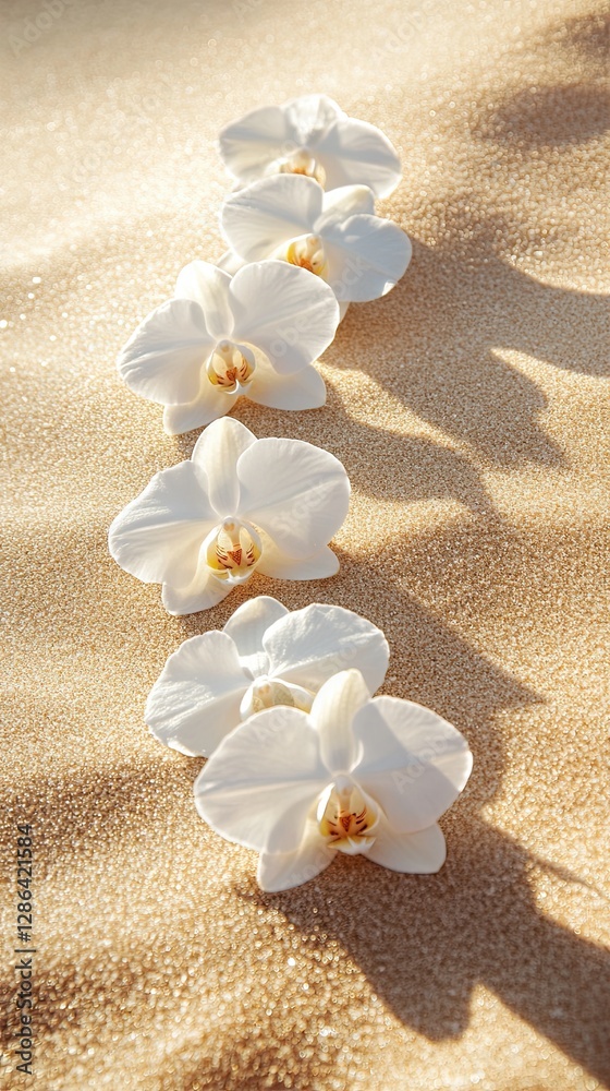 Orchid's Serenity: Delicate white orchid blossoms lie gracefully upon a bed of golden sand, bathed in soft sunlight, evoking a sense of tranquility and natural beauty. Orchid's Serenity: Delicate white orchid blossoms lie gracefully upon a bed of golden sand, bathed in soft sunlight, evoking a sense of tranquility and natural beauty.