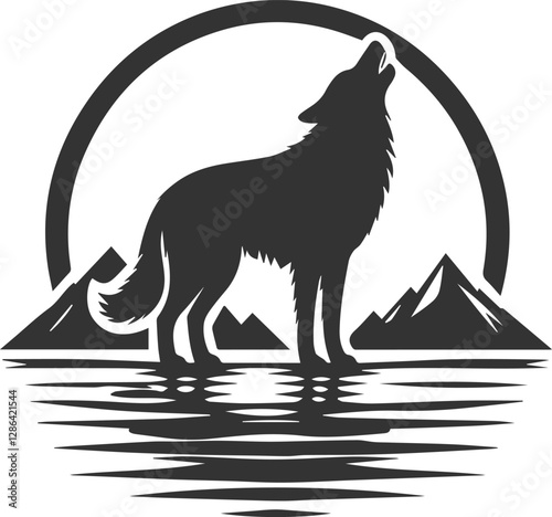 A wolf standing in a river, head raised, howling animal vector silhouette