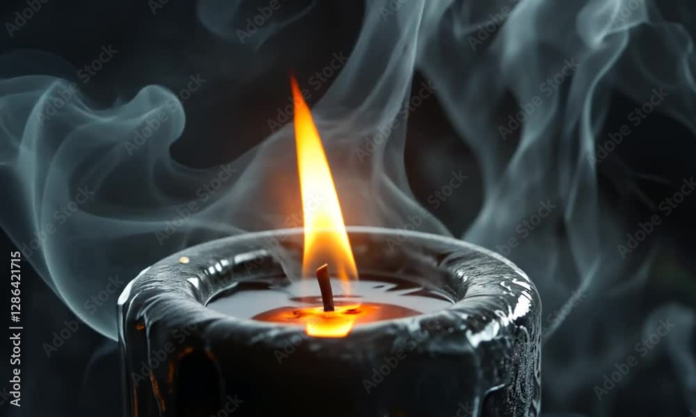 Close-up of a black candle burning with smoke swirling in darkness