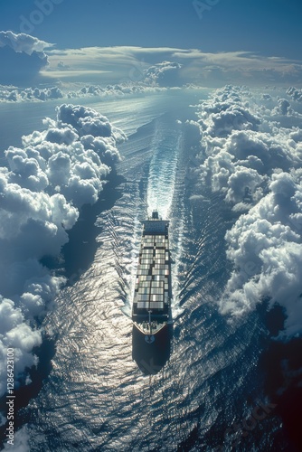 Large ship is sailing through a cloudy sky