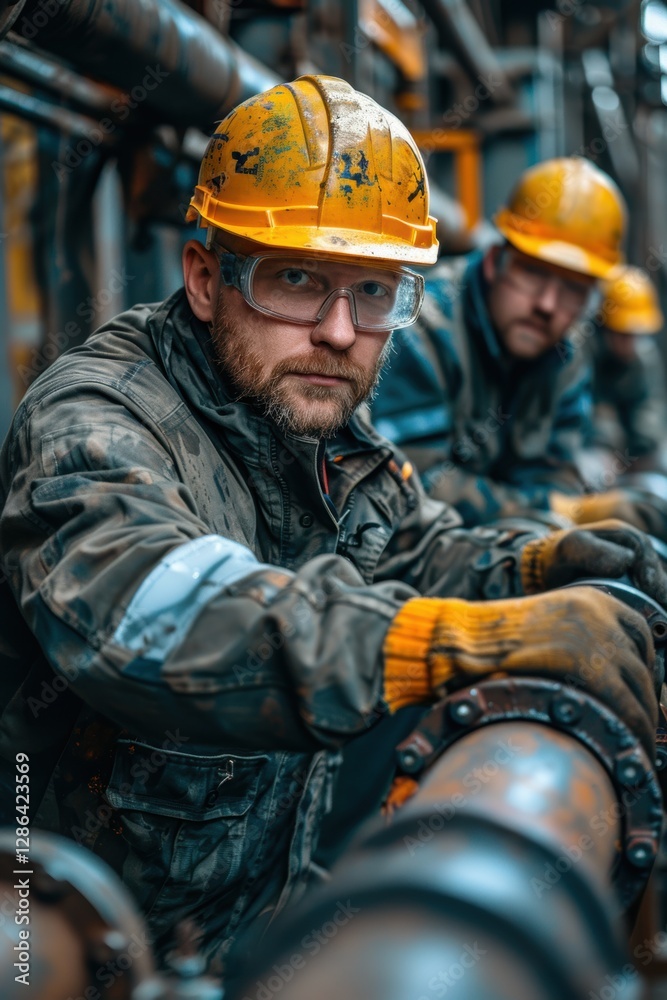 Man in a yellow hard hat is standing next to another man in a yellow hard hat Man in a yellow hard hat is standing next to another man in a yellow hard hat