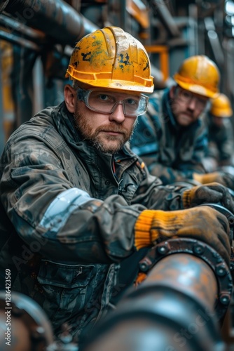 Man in a yellow hard hat is standing next to another man in a yellow hard hat