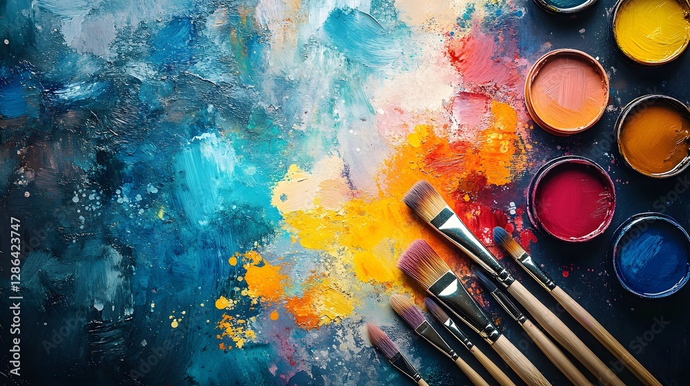 Fototapeta premium Painting with a variety of colors and brushes on a table. The painting is a mix of blue, yellow, and red colors. The mood of the painting is vibrant and lively