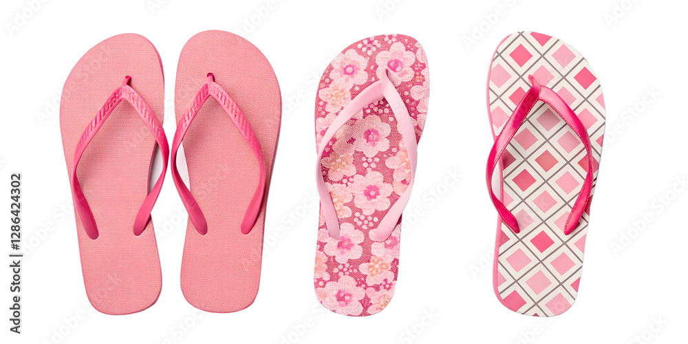 Pink Flip Flops on White in Three Different Styles for Summer Footwear, PNG Transparent Pink Flip Flops on White in Three Different Styles for Summer Footwear, PNG Transparent