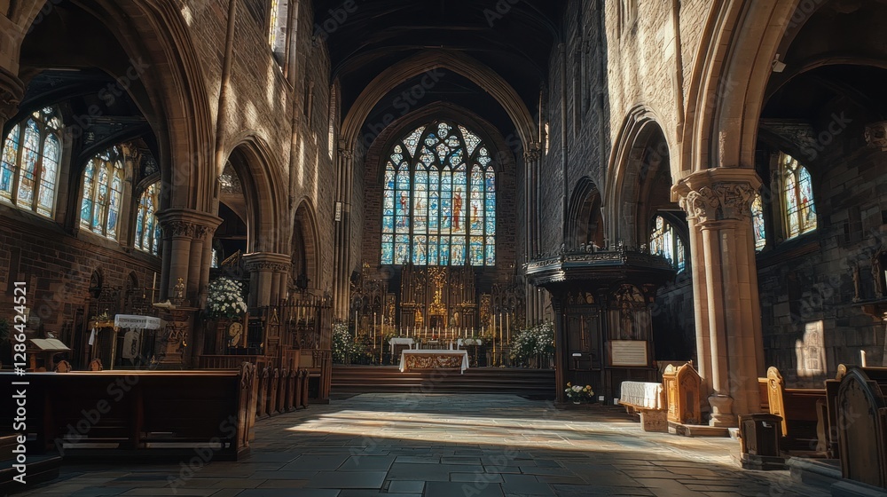 Fototapeta premium Visiting Ancient Church Interior with Stained Glass Windows and Stone Arches