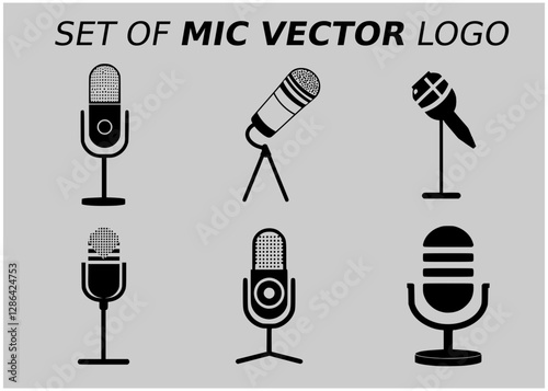 Microphone Vector Set – Collection of Mic Icons – Audio, Podcast, Broadcast, Music, Studio, Recording, Sound, and Voice Symbols for Multimedia and Communication Design