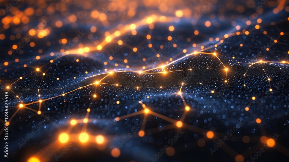 Obraz premium Futuristic digital network background with glowing orange data connections and abstract technology waves