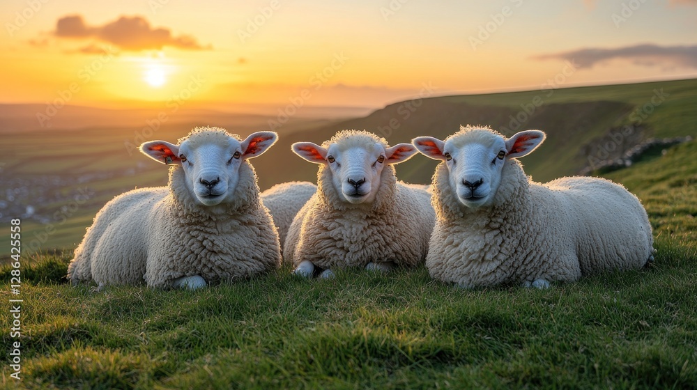 Fototapeta premium Sheep Sunset Hillside Meadow