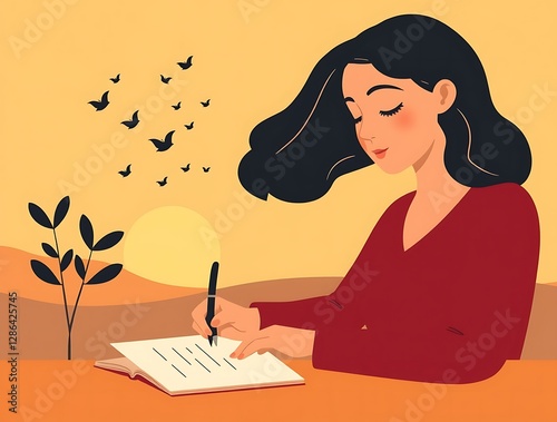 Woman Writing in a Journal with Sunset and Birds Illustration