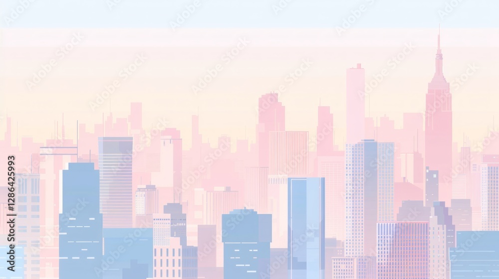 Fototapeta premium Minimalist cityscape with simple skyscraper silhouettes, clean lines, soft pastel colors