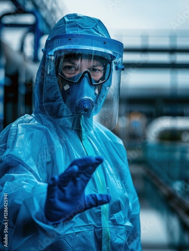 Person in a blue suit with a mask on their face is pointing at something