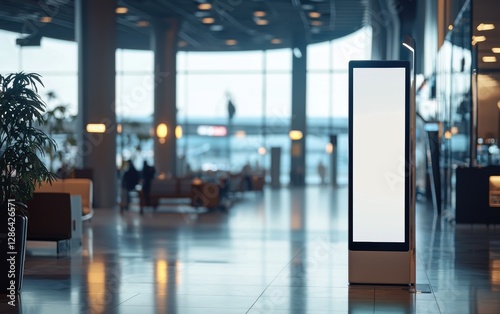 Clean digital ad screen inside airport lounge; vertical 6-sheet OOH mockup