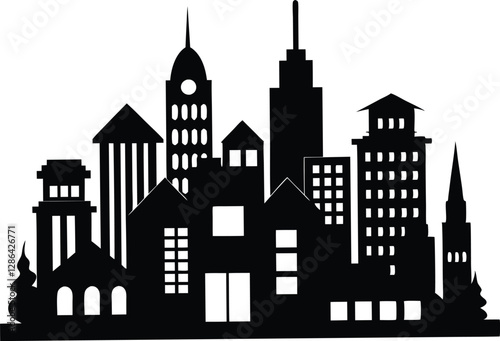 city buildings black silhouette, buildings vector illustration